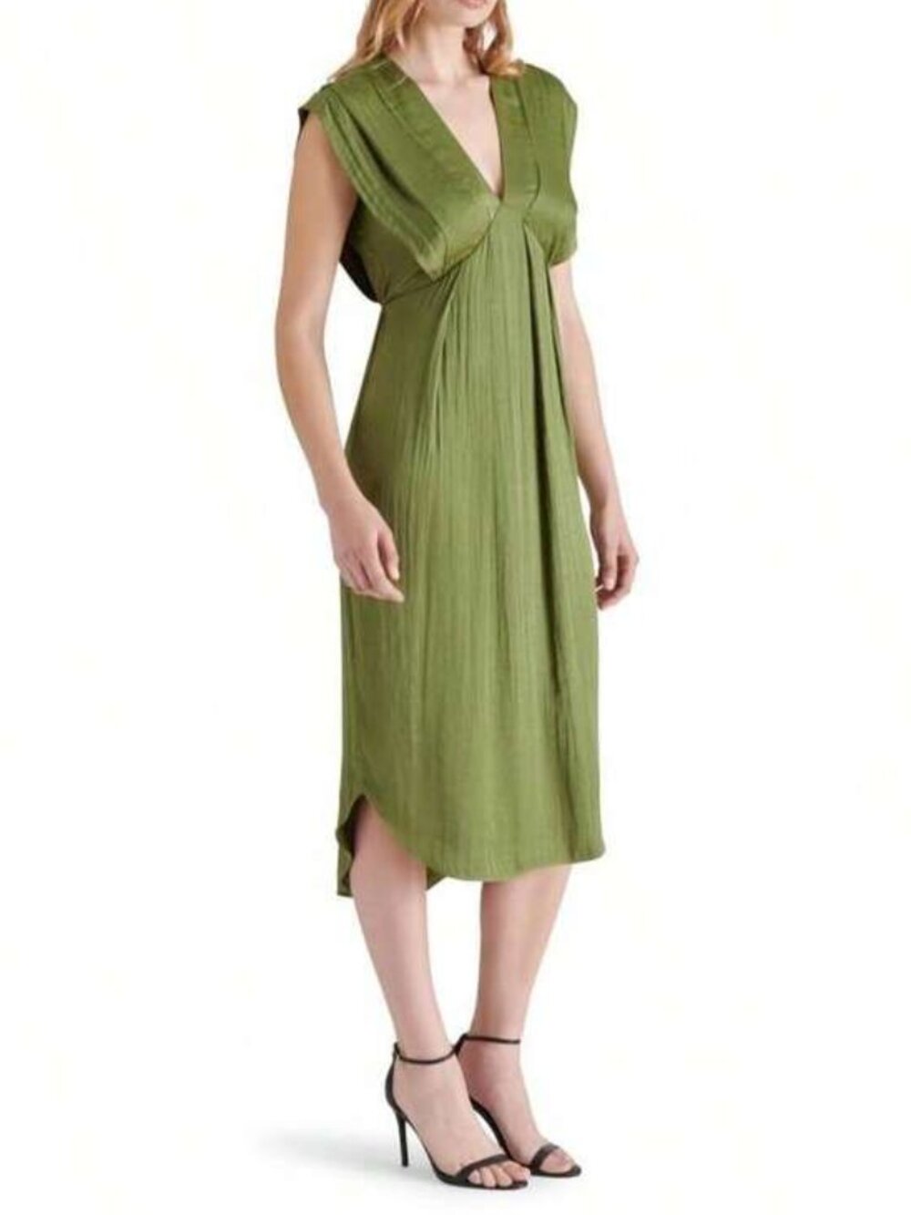 Steve Madden Olive Green Satin Draped Midi Dress L